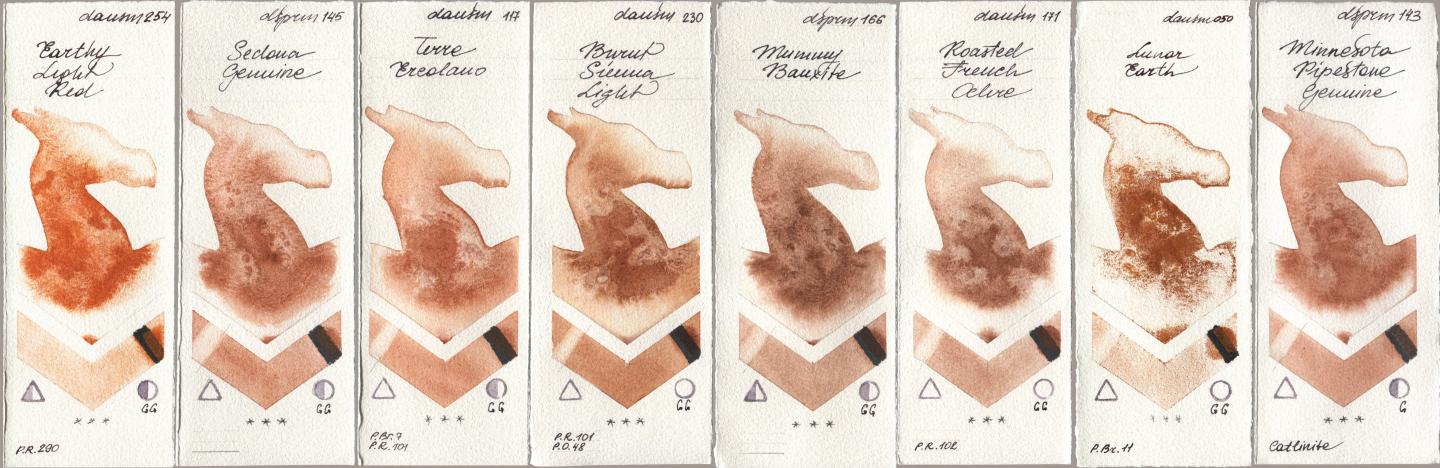 Daniel Smith 254 Earthy Light Red, 145 Sedona Genuine, 117 Terre Ercolano, 230 Burnt Sienna Light, 166 Mummy Bauxite, 171 Roasted French Ochre, 050 Lunar Earth, 143 Minnesota Pipestone Genui watercolor swatch