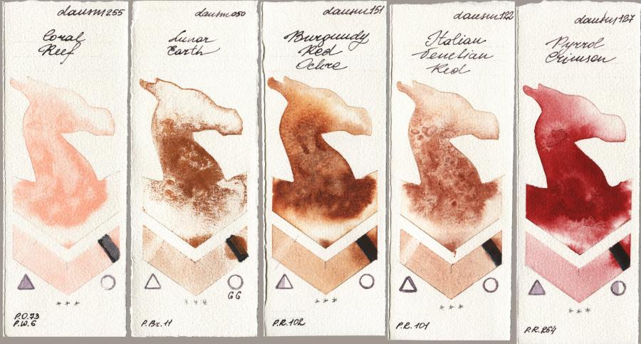 Daniel Smith 255 Coral Reef vs 050 Lunar Earth vs 151 Burgundy Red Ochre vs 122 Italian Venetian Red vs 127 Pyrrol Crimson watercolor swatch