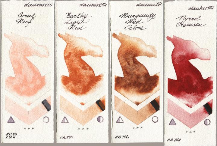 Daniel Smith 255 Coral Reef vs 254 Earthy Light Red vs 151 Burgundy Red Ochre vs 127 Pyrrol Crimson watercolor swatch