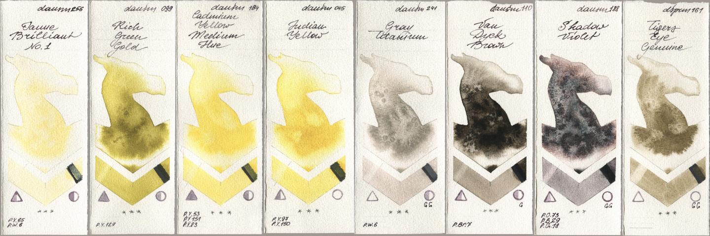 Daniel Smith 256 Jaune Brilliant No 1, 099 Rich Green Gold, 184 Cadmium Yellow Medium Hue, 045 Indian Yellow, 241 Gray Titanium, 110 Van Dyck Brown, 188 Shadow Violet, 161 Tigers Eye Genui watercolor swatch