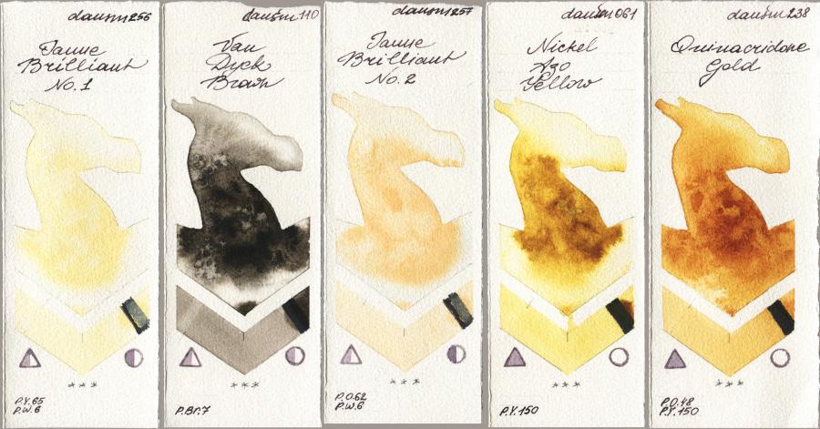 Daniel Smith 256 Jaune Brilliant No 1 vs 110 Van Dyck Brown vs 257 Jaune Brilliant No 2 vs 061 Nickel Azo Yellow vs 238 Quinacridone Gold watercolor swatch