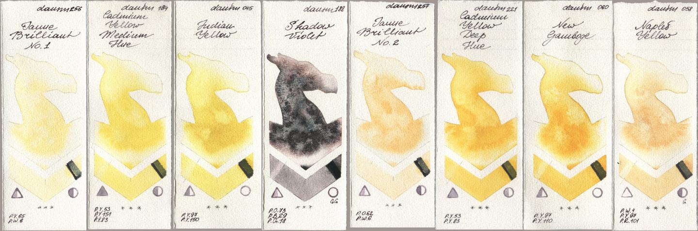 Daniel Smith 256 Jaune Brilliant No 1, 184 Cadmium Yellow Medium Hue, 045 Indian Yellow, 188 Shadow Violet, 257 Jaune Brilliant No 2, 221 Cadmium Yellow Deep Hue, 060 New Gamboge, 058 Naples Yell watercolor swatch