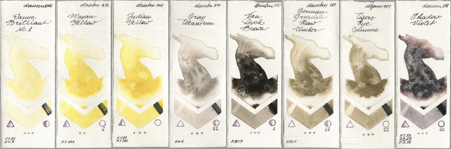 Daniel Smith 256 Jaune Brilliant No 1, 212 Mayan Yellow, 045 Indian Yellow, 241 Gray Titanium, 110 Van Dyck Brown, 121 German Greenish Raw Umber, 161 Tigers Eye Genuine, 188 Shadow Viol watercolor swatch