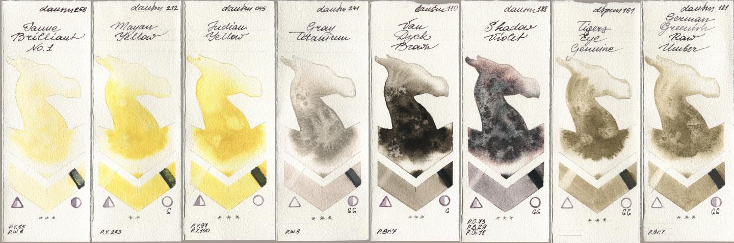 Daniel Smith 256 Jaune Brilliant No 1, 212 Mayan Yellow, 045 Indian Yellow, 241 Gray Titanium, 110 Van Dyck Brown, 188 Shadow Violet, 161 Tigers Eye Genuine, 121 German Greenish Raw Umb watercolor swatch