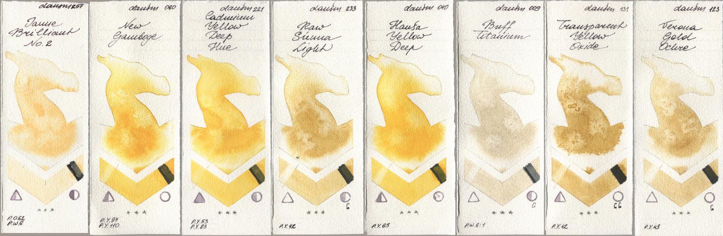 Daniel Smith 257 Jaune Brilliant No 2, 060 New Gamboge, 221 Cadmium Yellow Deep Hue, 233 Raw Sienna Light, 040 Hansa Yellow Deep, 009 Buff Titanium, 131 Transparent Yellow Oxide, 123 Verona Gold Och watercolor swatch