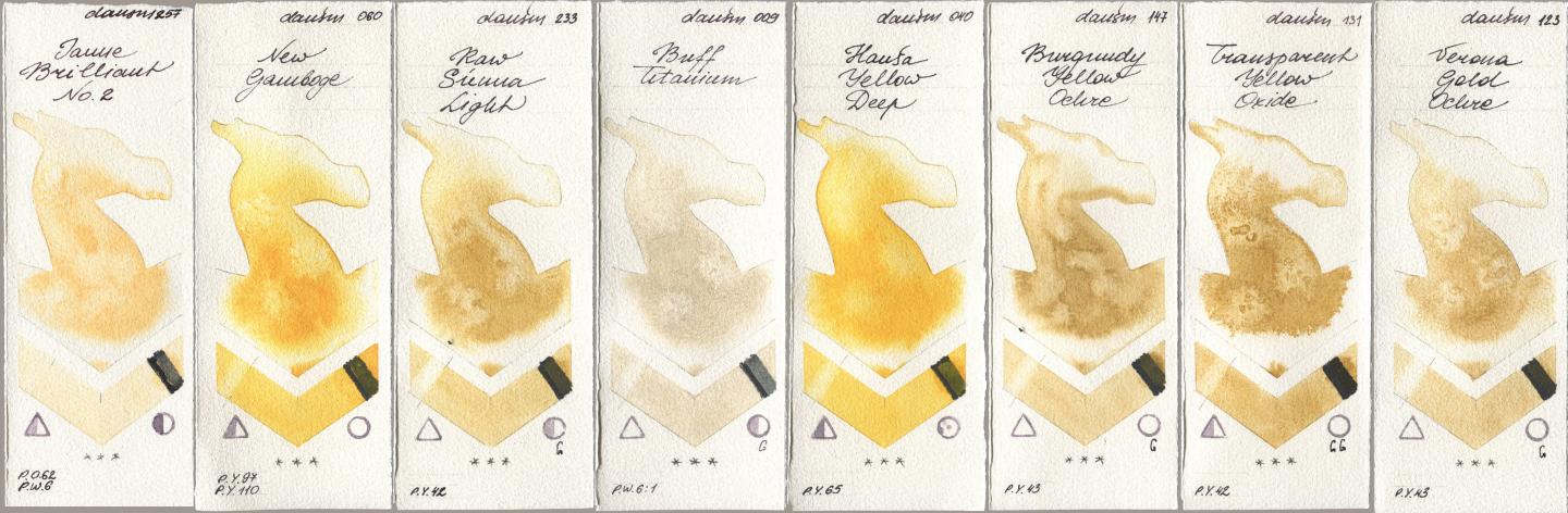 Daniel Smith 257 Jaune Brilliant No 2, 060 New Gamboge, 233 Raw Sienna Light, 009 Buff Titanium, 040 Hansa Yellow Deep, 147 Burgundy Yellow Ochre, 131 Transparent Yellow Oxide, 123 Verona Gold Och watercolor swatch