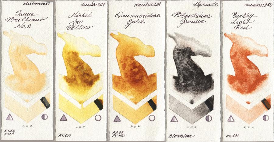 Daniel Smith 257 Jaune Brilliant No 2 vs 061 Nickel Azo Yellow vs 238 Quinacridone Gold vs 193 Bloodstone Genuine vs 254 Earthy Light Red watercolor swatch