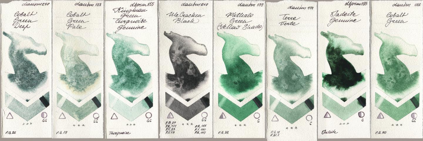 Daniel Smith 258 Cobalt Green Deep, 027 Cobalt Green Pale, 155 Kingman Green Turquoise Genuine, 248 McCracken Black, 079 Phthalo Green (Yellow Shade), 104 Terre Verte, 195 Jadeite Genuine, 026 Cobalt Gre watercolor swatch