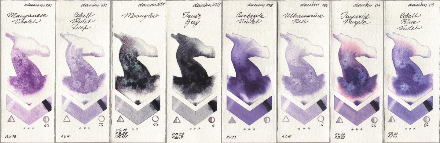 Daniel Smith 261 Manganese Violet, 031 Cobalt Violet Deep, 057 Moonglow, 239 Janes Grey, 019 Carbazole Violet, 107 Ultramarine Red, 174 Imperial Purple, 115 Cobalt Blue Viol watercolor swatch