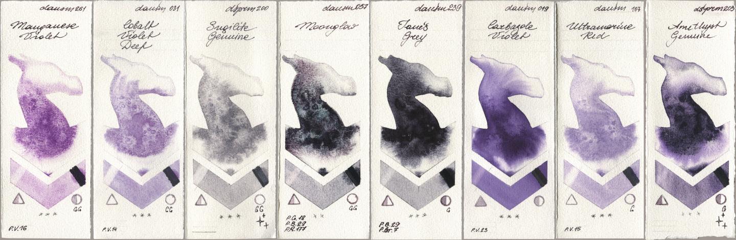 Daniel Smith 261 Manganese Violet, 031 Cobalt Violet Deep, 200 Sugilite Genuine, 057 Moonglow, 239 Janes Grey, 019 Carbazole Violet, 107 Ultramarine Red, 203 Amethyst Genui watercolor swatch