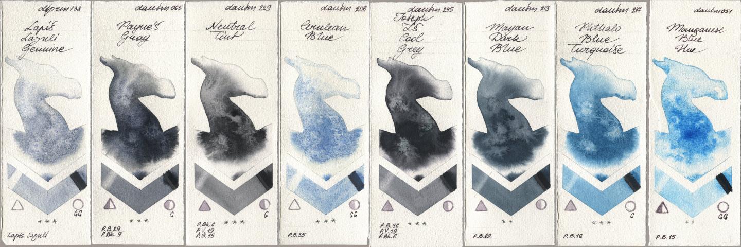 Daniel Smith 138 Lapis Lazuli Genuine, 065 Paynes Gray, 229 Neutral Tint, 206 Cerulean Blue, 245 Joseph Zs Cool Grey, 213 Mayan Dark Blue, 247 Phthalo Blue Turquoise, 051 Manganese Blue H watercolor swatch