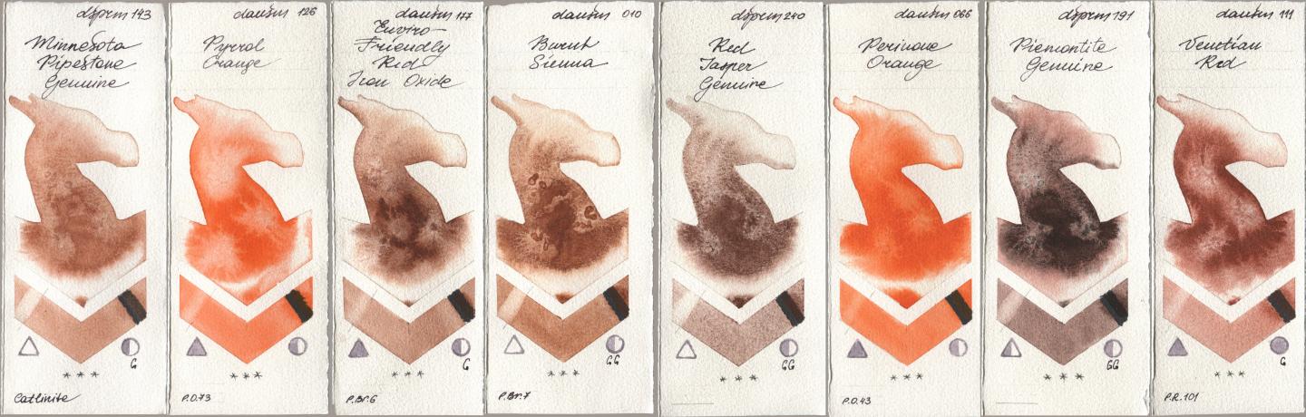 Daniel Smith 143 Minnesota Pipestone Genuine, 126 Pyrrol Orange, 177 Enviro-Friendly Red Iron Oxide, 010 Burnt Sienna, 240 Red Jasper Genuine, 066 Perinone Orange, 191 Piemontite Genuine, 111 Venetian R watercolor swatch