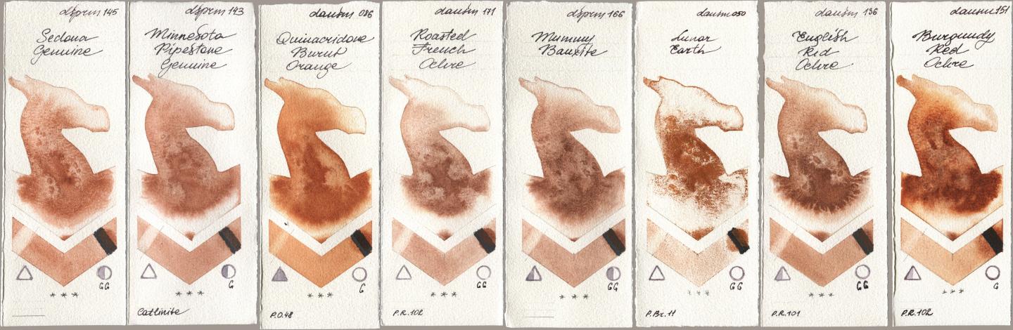Daniel Smith 145 Sedona Genuine, 143 Minnesota Pipestone Genuine, 086 Quinacridone Burnt Orange, 171 Roasted French Ochre, 166 Mummy Bauxite, 050 Lunar Earth, 136 English Red Ochre, 151 Burgundy Red Och watercolor swatch