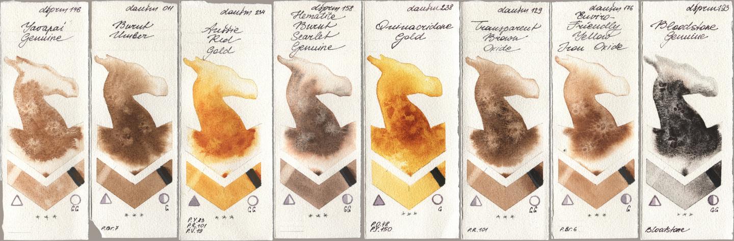 Daniel Smith 146 Yavapai Genuine, 011 Burnt Umber, 234 Aussie Red Gold, 158 Hematite Burnt Scarlet Genuine, 238 Quinacridone Gold, 129 Transparent Brown Oxide, 176 Enviro-Friendly Yellow Iron Oxide, 193 Bloodstone Genui watercolor swatch