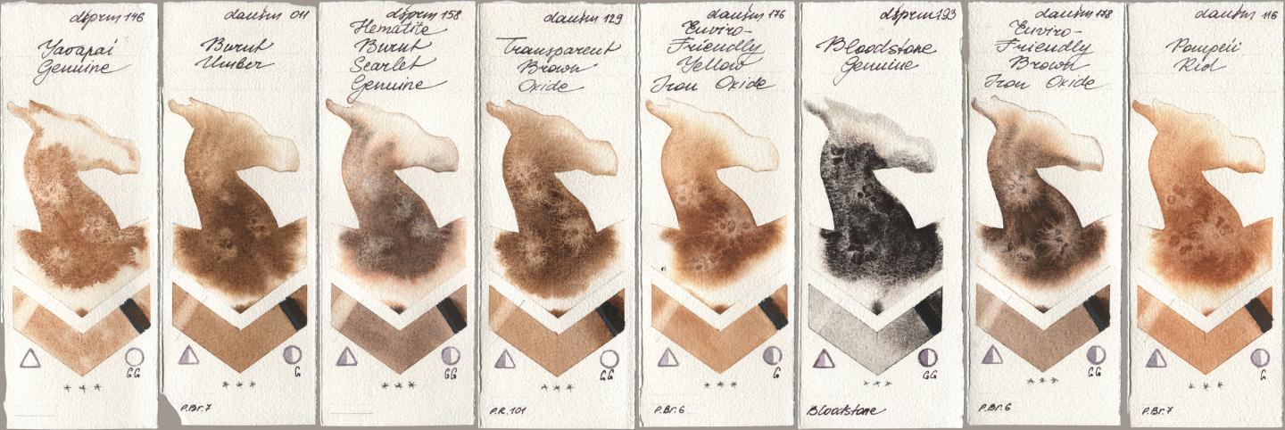 Daniel Smith 146 Yavapai Genuine, 011 Burnt Umber, 158 Hematite Burnt Scarlet Genuine, 129 Transparent Brown Oxide, 176 Enviro-Friendly Yellow Iron Oxide, 193 Bloodstone Genuine, 178 Enviro-Friendly Brown Iron Oxide, 116 Pompeii R watercolor swatch