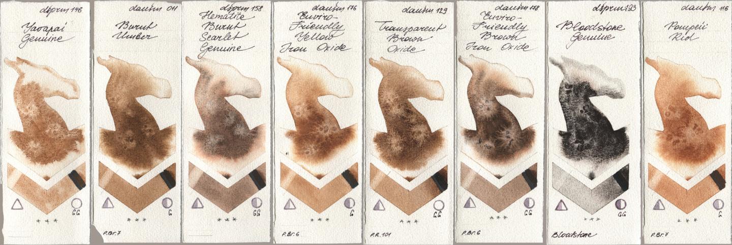 Daniel Smith 146 Yavapai Genuine, 011 Burnt Umber, 158 Hematite Burnt Scarlet Genuine, 176 Enviro-Friendly Yellow Iron Oxide, 129 Transparent Brown Oxide, 178 Enviro-Friendly Brown Iron Oxide, 193 Bloodstone Genuine, 116 Pompeii R watercolor swatch