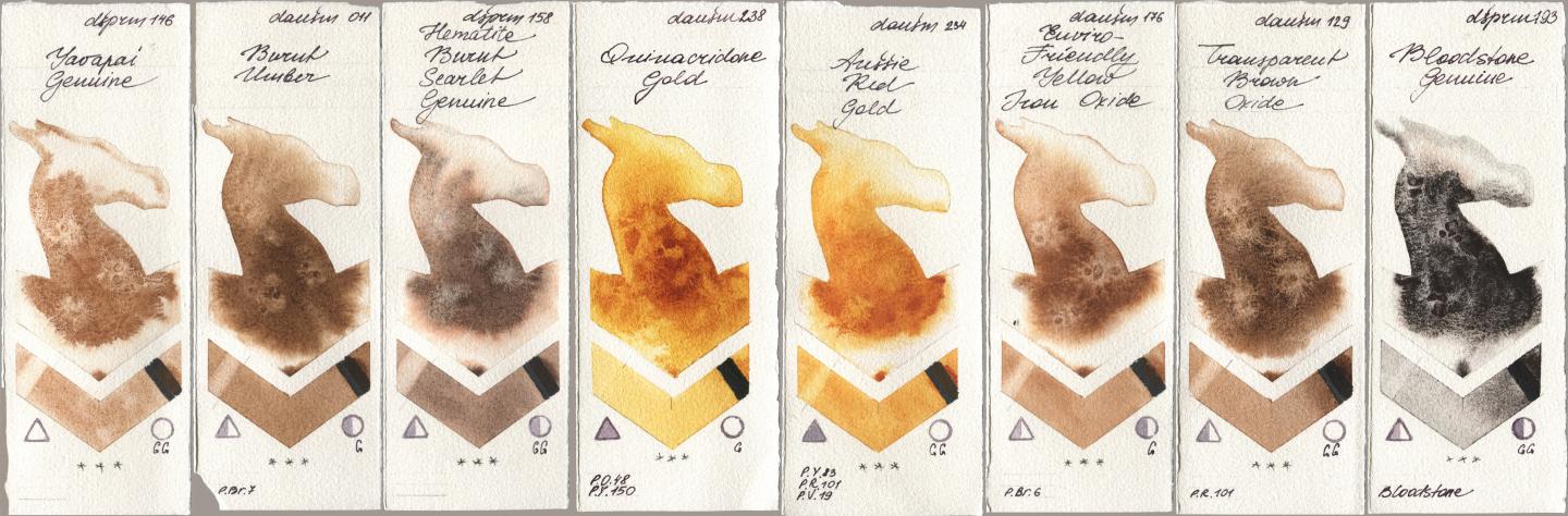 Daniel Smith 146 Yavapai Genuine, 011 Burnt Umber, 158 Hematite Burnt Scarlet Genuine, 238 Quinacridone Gold, 234 Aussie Red Gold, 176 Enviro-Friendly Yellow Iron Oxide, 129 Transparent Brown Oxide, 193 Bloodstone Genui watercolor swatch