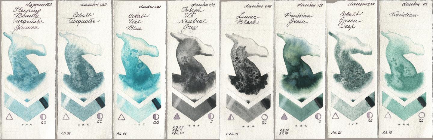Daniel Smith 150 Sleeping Beauty Turquoise Genuine, 029 Cobalt Turquoise, 028 Cobalt Teal Blue, 244 Joseph Zs Neutral Grey, 049 Lunar Black, 128 Prussian Green, 258 Cobalt Green Deep, 112 Viridi watercolor swatch