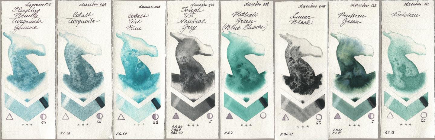 Daniel Smith 150 Sleeping Beauty Turquoise Genuine, 029 Cobalt Turquoise, 028 Cobalt Teal Blue, 244 Joseph Zs Neutral Grey, 078 Phthalo Green (Blue Shade), 049 Lunar Black, 128 Prussian Green, 112 Viridi watercolor swatch