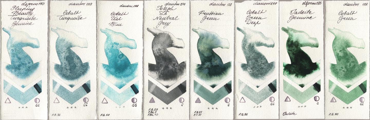 Daniel Smith 150 Sleeping Beauty Turquoise Genuine, 029 Cobalt Turquoise, 028 Cobalt Teal Blue, 244 Joseph Zs Neutral Grey, 128 Prussian Green, 258 Cobalt Green Deep, 195 Jadeite Genuine, 026 Cobalt Gre watercolor swatch