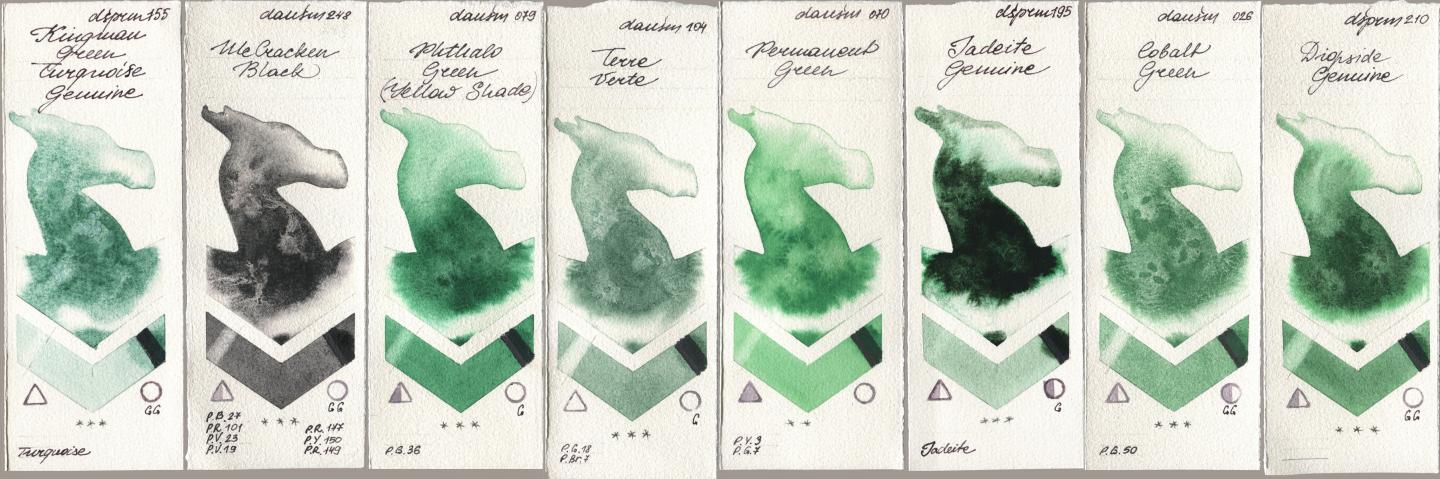 Daniel Smith 155 Kingman Green Turquoise Genuine, 248 McCracken Black, 079 Phthalo Green (Yellow Shade), 104 Terre Verte, 070 Permanent Green, 195 Jadeite Genuine, 026 Cobalt Green, 210 Diopside Genui watercolor swatch