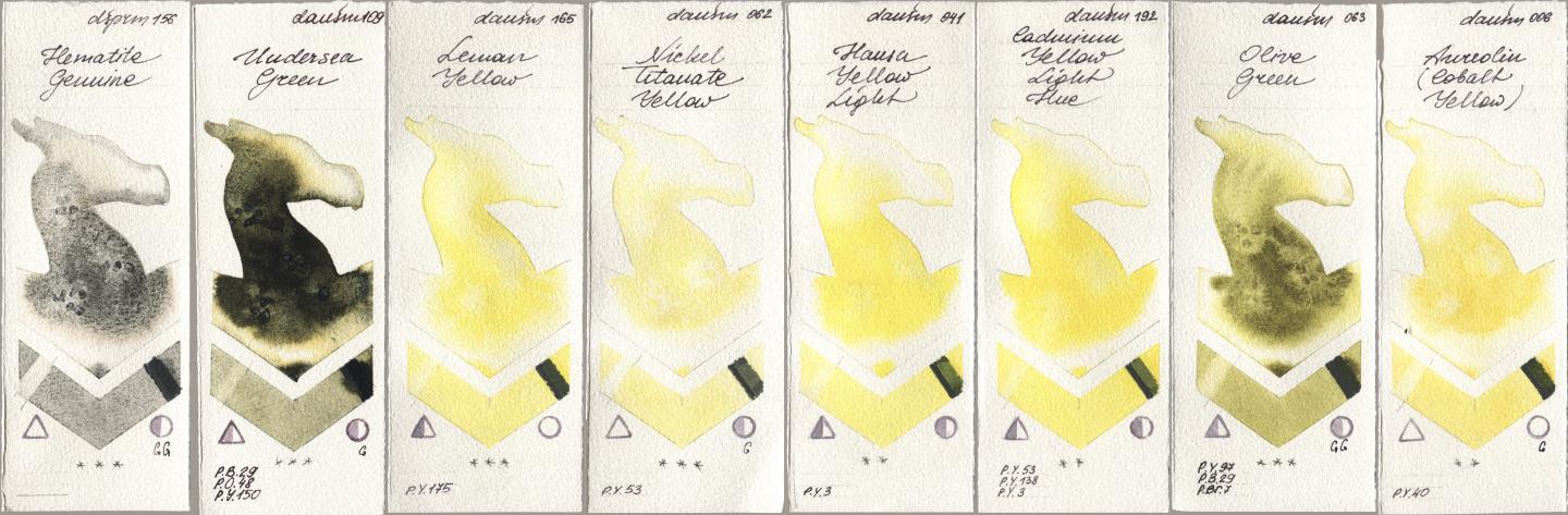 Daniel Smith 156 Hematite Genuine, 109 Undersea Green, 165 Lemon Yellow, 062 Nickel Titanate Yellow, 041 Hansa Yellow Light, 192 Cadmium Yellow Light Hue, 063 Olive Green, 006 Aureolin (Cobalt Yello watercolor swatch
