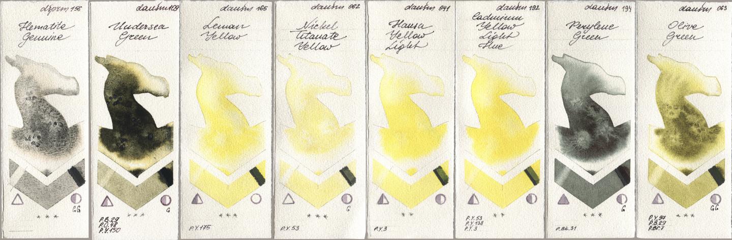 Daniel Smith 156 Hematite Genuine, 109 Undersea Green, 165 Lemon Yellow, 062 Nickel Titanate Yellow, 041 Hansa Yellow Light, 192 Cadmium Yellow Light Hue, 194 Perylene Green, 063 Olive Gre watercolor swatch