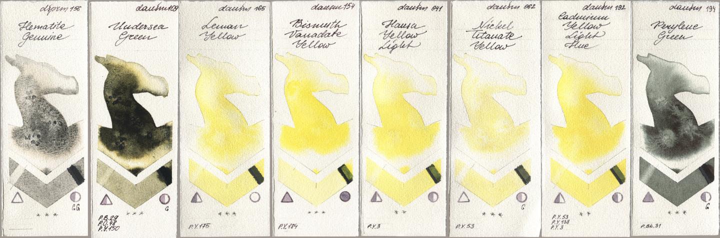 Daniel Smith 156 Hematite Genuine, 109 Undersea Green, 165 Lemon Yellow, 154 Bismuth Vanadate Yellow, 041 Hansa Yellow Light, 062 Nickel Titanate Yellow, 192 Cadmium Yellow Light Hue, 194 Perylene Gre watercolor swatch