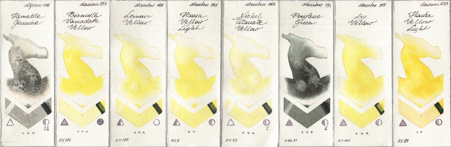 Daniel Smith 156 Hematite Genuine, 154 Bismuth Vanadate Yellow, 165 Lemon Yellow, 041 Hansa Yellow Light, 062 Nickel Titanate Yellow, 194 Perylene Green, 215 Azo Yellow, 039 Hansa Yellow Lig watercolor swatch