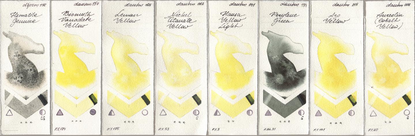 Daniel Smith 156 Hematite Genuine, 154 Bismuth Vanadate Yellow, 165 Lemon Yellow, 062 Nickel Titanate Yellow, 041 Hansa Yellow Light, 194 Perylene Green, 215 Azo Yellow, 006 Aureolin (Cobalt Yello watercolor swatch
