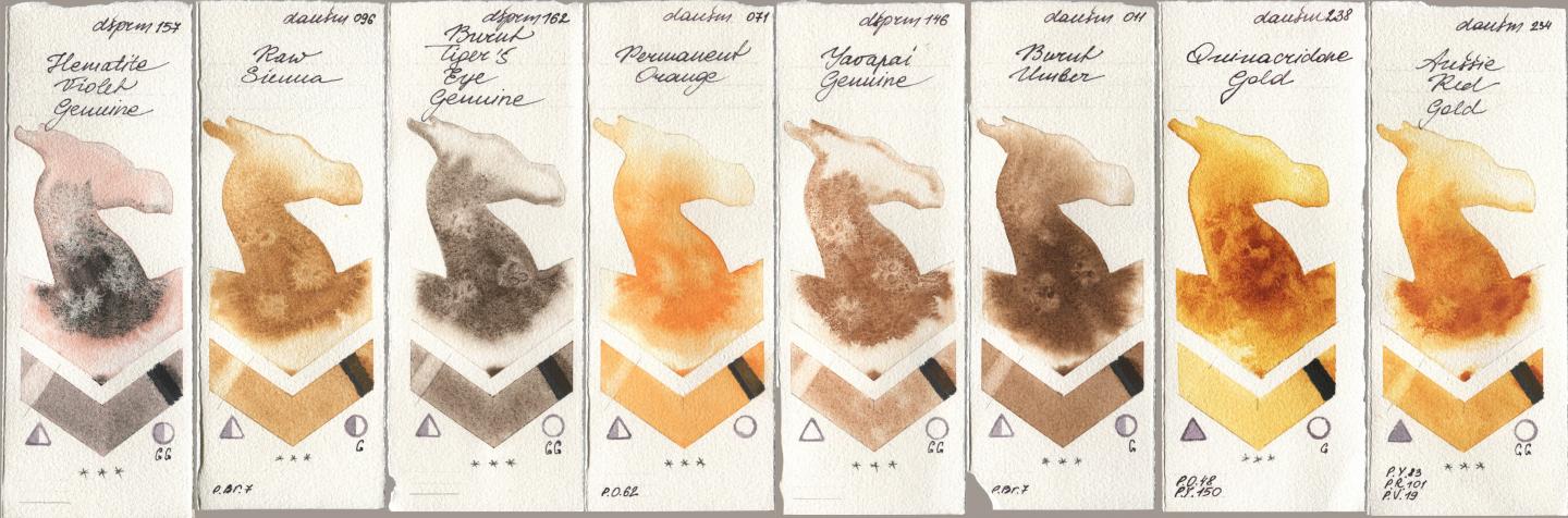 Daniel Smith 157 Hematite Violet Genuine, 096 Raw Sienna, 162 Burnt Tigers Eye Genuine, 071 Permanent Orange, 146 Yavapai Genuine, 011 Burnt Umber, 238 Quinacridone Gold, 234 Aussie Red Go watercolor swatch