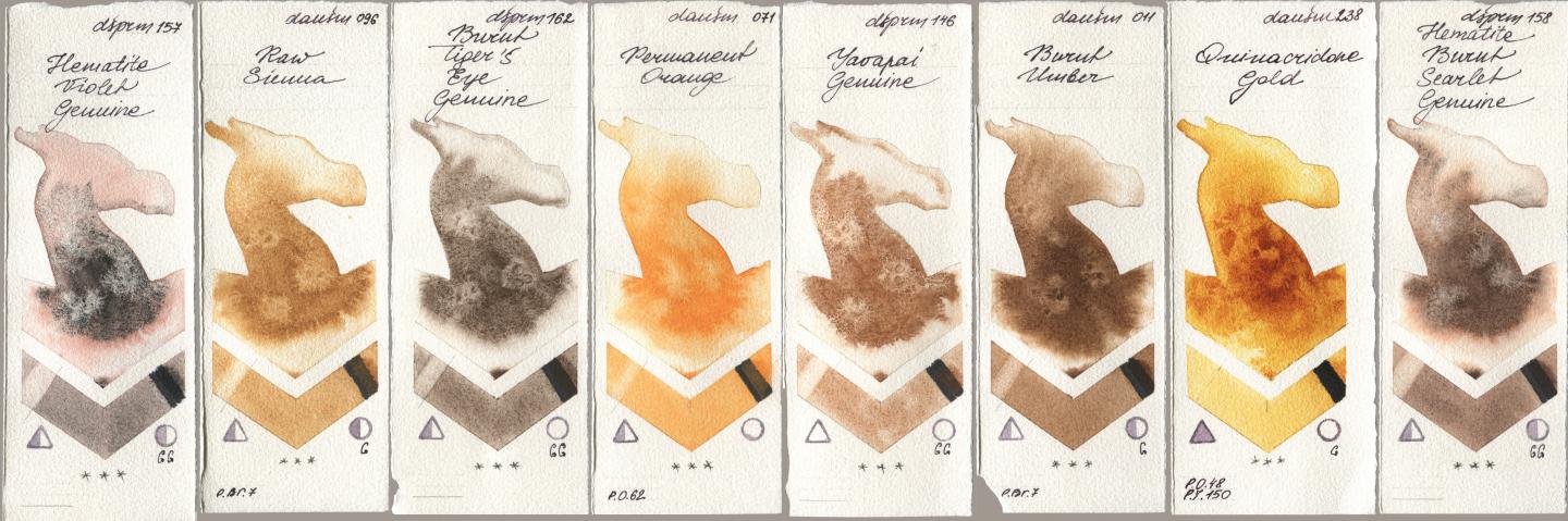 Daniel Smith 157 Hematite Violet Genuine, 096 Raw Sienna, 162 Burnt Tigers Eye Genuine, 071 Permanent Orange, 146 Yavapai Genuine, 011 Burnt Umber, 238 Quinacridone Gold, 158 Hematite Burnt Scarlet Genui watercolor swatch