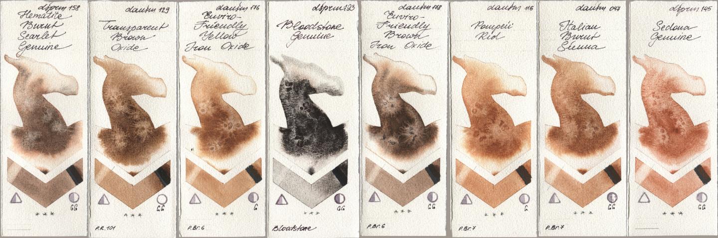 Daniel Smith 158 Hematite Burnt Scarlet Genuine, 129 Transparent Brown Oxide, 176 Enviro-Friendly Yellow Iron Oxide, 193 Bloodstone Genuine, 178 Enviro-Friendly Brown Iron Oxide, 116 Pompeii Red, 047 Italian Burnt Sienna, 145 Sedona Genui watercolor swatch