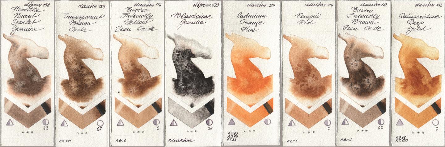 Daniel Smith 158 Hematite Burnt Scarlet Genuine, 129 Transparent Brown Oxide, 176 Enviro-Friendly Yellow Iron Oxide, 193 Bloodstone Genuine, 220 Cadmium Orange Hue, 116 Pompeii Red, 178 Enviro-Friendly Brown Iron Oxide, 152 Quinacridone Deep Go watercolor swatch