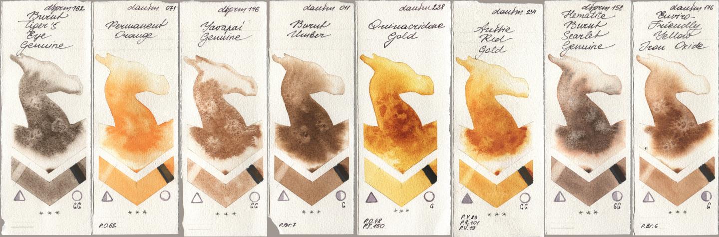 Daniel Smith 162 Burnt Tigers Eye Genuine, 071 Permanent Orange, 146 Yavapai Genuine, 011 Burnt Umber, 238 Quinacridone Gold, 234 Aussie Red Gold, 158 Hematite Burnt Scarlet Genuine, 176 Enviro-Friendly Yellow Iron Oxi watercolor swatch