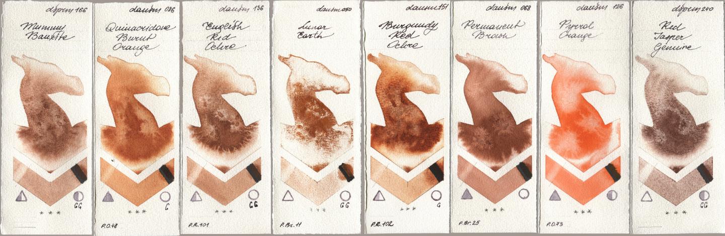 Daniel Smith 166 Mummy Bauxite, 086 Quinacridone Burnt Orange, 136 English Red Ochre, 050 Lunar Earth, 151 Burgundy Red Ochre, 068 Permanent Brown, 126 Pyrrol Orange, 240 Red Jasper Genui watercolor swatch