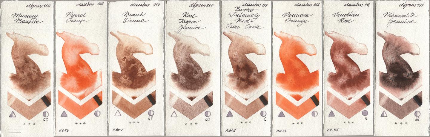 Daniel Smith 166 Mummy Bauxite, 126 Pyrrol Orange, 010 Burnt Sienna, 240 Red Jasper Genuine, 177 Enviro-Friendly Red Iron Oxide, 066 Perinone Orange, 111 Venetian Red, 191 Piemontite Genui watercolor swatch