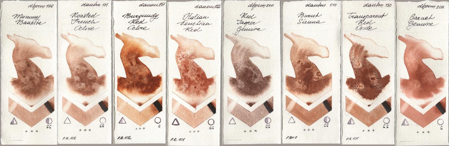 Daniel Smith 166 Mummy Bauxite, 171 Roasted French Ochre, 151 Burgundy Red Ochre, 122 Italian Venetian Red, 240 Red Jasper Genuine, 010 Burnt Sienna, 130 Transparent Red Oxide, 205 Garnet Genui watercolor swatch