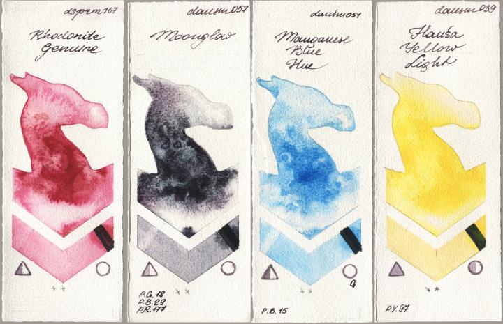 Daniel Smith 167 Rhodonite Genuine vs 057 Moonglow vs 051 Manganese Blue Hue vs 039 Hansa Yellow Light watercolor swatch