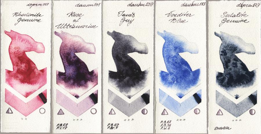 Daniel Smith 167 Rhodonite Genuine vs 101 Rose of Ultramarine vs 239 Janes Grey vs 173 Verditer Blue vs 179 Sodalite Genuine watercolor swatch