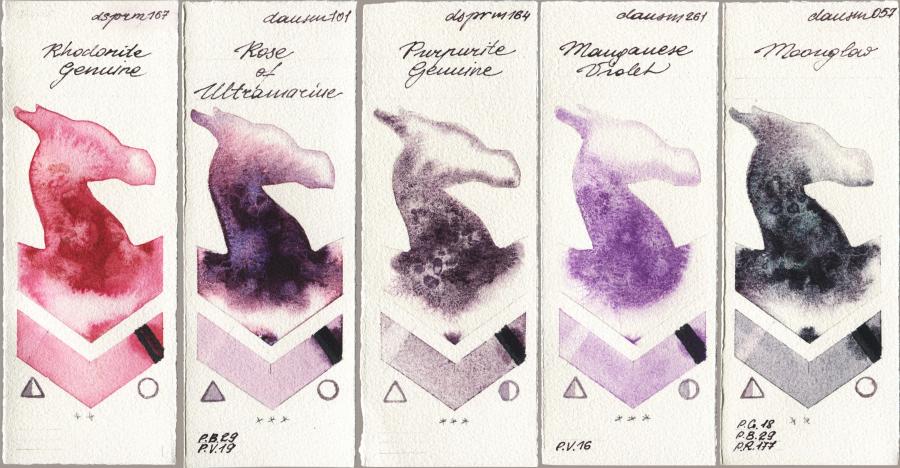 Daniel Smith 167 Rhodonite Genuine vs 101 Rose of Ultramarine vs 164 Purpurite Genuine vs 261 Manganese Violet vs 057 Moonglow watercolor swatch