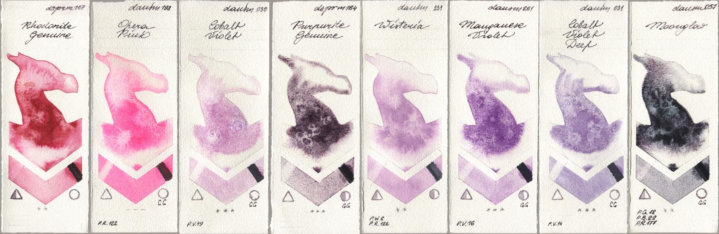 Daniel Smith 167 Rhodonite Genuine, 198 Opera Pink, 030 Cobalt Violet, 164 Purpurite Genuine, 231 Wisteria, 261 Manganese Violet, 031 Cobalt Violet Deep, 057 Moongl watercolor swatch