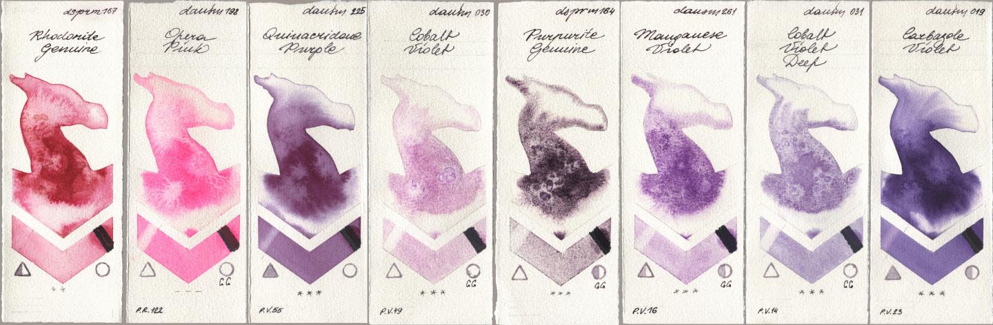 Daniel Smith 167 Rhodonite Genuine, 198 Opera Pink, 225 Quinacridone Purple, 030 Cobalt Violet, 164 Purpurite Genuine, 261 Manganese Violet, 031 Cobalt Violet Deep, 019 Carbazole Viol watercolor swatch