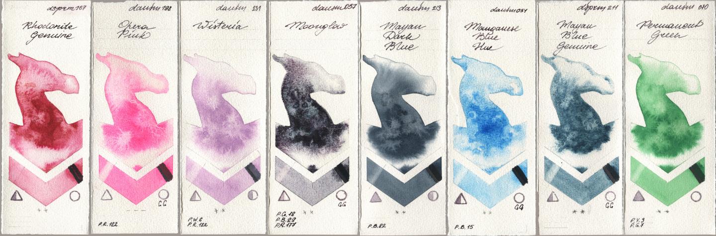 Daniel Smith 167 Rhodonite Genuine, 198 Opera Pink, 231 Wisteria, 057 Moonglow, 213 Mayan Dark Blue, 051 Manganese Blue Hue, 211 Mayan Blue Genuine, 070 Permanent Gre watercolor swatch
