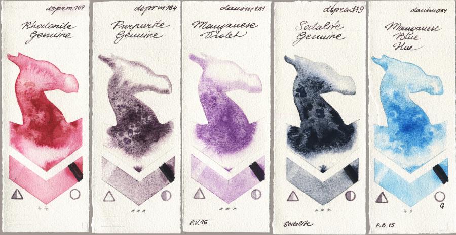 Daniel Smith 167 Rhodonite Genuine vs 164 Purpurite Genuine vs 261 Manganese Violet vs 179 Sodalite Genuine vs 051 Manganese Blue Hue watercolor swatch