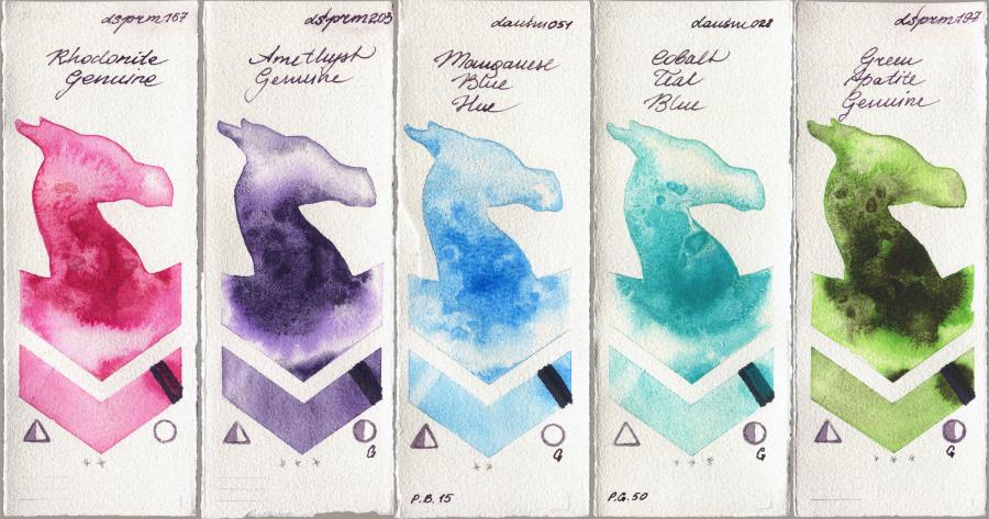 Daniel Smith 167 Rhodonite Genuine vs 203 Amethyst Genuine vs 051 Manganese Blue Hue vs 028 Cobalt Teal Blue vs 197 Green Apatite Genuine watercolor swatch