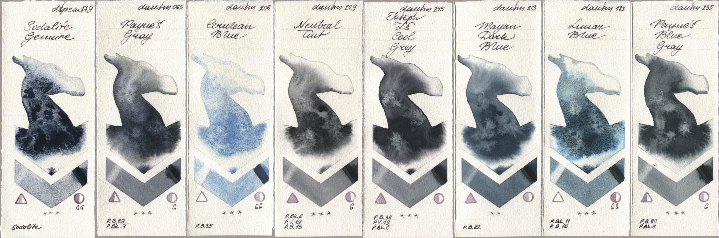 Daniel Smith 179 Sodalite Genuine, 065 Paynes Gray, 206 Cerulean Blue, 229 Neutral Tint, 245 Joseph Zs Cool Grey, 213 Mayan Dark Blue, 183 Lunar Blue, 235 Paynes Blue Gr watercolor swatch