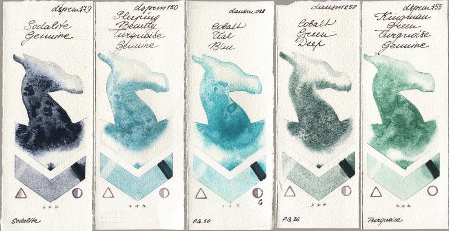 Daniel Smith 179 Sodalite Genuine vs 150 Sleeping Beauty Turquoise Genuine vs 028 Cobalt Teal Blue vs 258 Cobalt Green Deep vs 155 Kingman Green Turquoise Genuine watercolor swatch