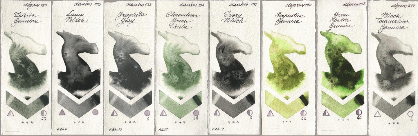 Daniel Smith 180 Zoisite Genuine, 003 Lamp Black, 038 Graphite Gray, 024 Chromium Green Oxide, 048 Ivory Black, 190 Serpentine Genuine, 197 Green Apatite Genuine, 207 Black Tourmaline Genui watercolor swatch