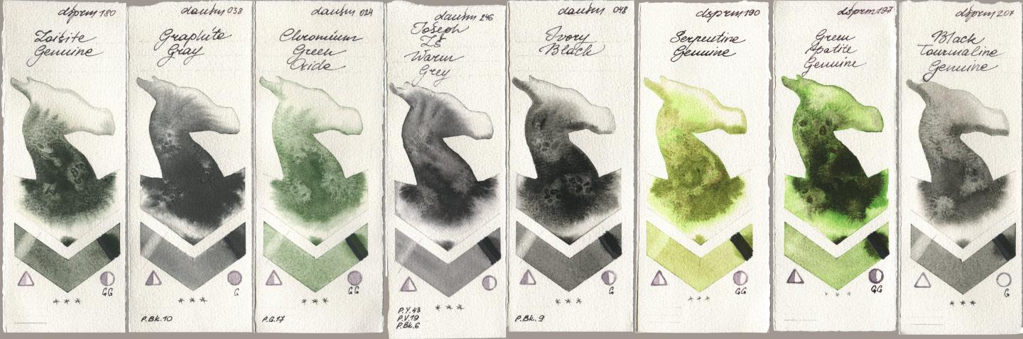 Daniel Smith 180 Zoisite Genuine, 038 Graphite Gray, 024 Chromium Green Oxide, 246 Joseph Zs Warm Grey, 048 Ivory Black, 190 Serpentine Genuine, 197 Green Apatite Genuine, 207 Black Tourmaline Genui watercolor swatch